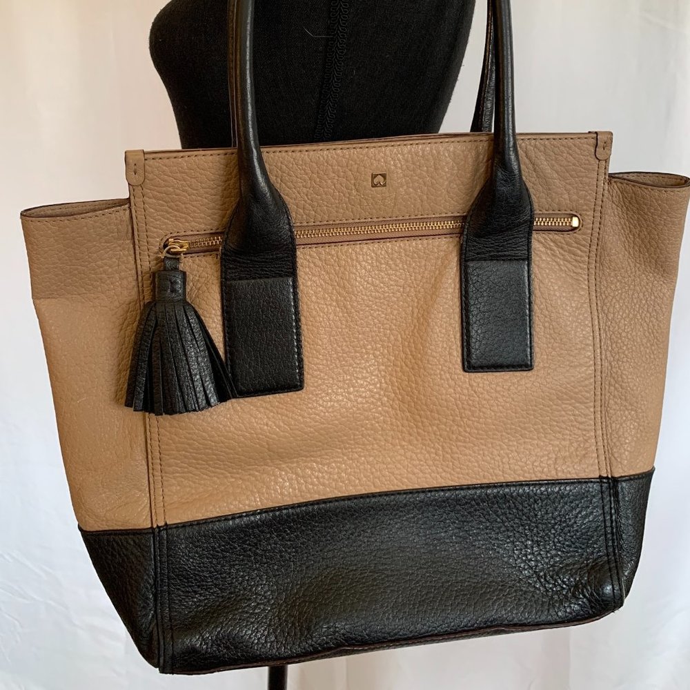 Kate Spade Wellesley Pebbled Two-Tone Tan & Blk Leather Tote Shoulder Bag